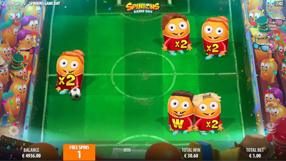 The free spins bonus round of Spinions Game Day with multiple sticky wilds on the reels, some with multipliers, illustrating the game's peak potential.