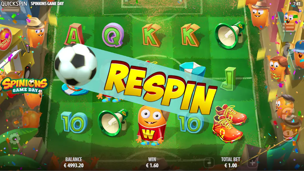 Two Spinion wild symbols triggering the Passing Wild Re-spins feature in the Spinions Game Day slot, a key mechanic for base game wins.
