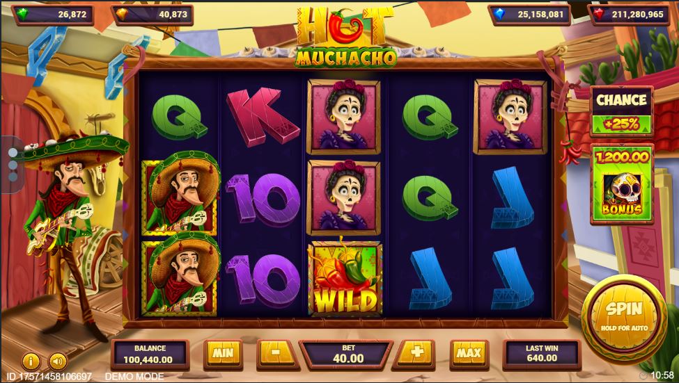 Hot Muchacho slot base game view with 5x3 reel layout and game interface.