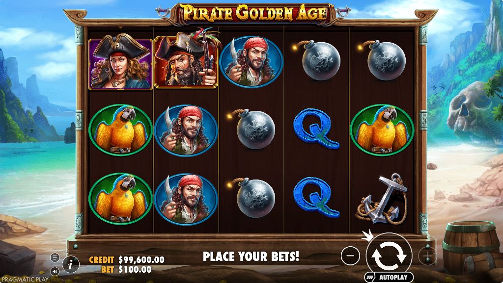 The 5x3 reel layout of the Pirate Golden Age slot during base gameplay, showing pirate characters and card symbols.