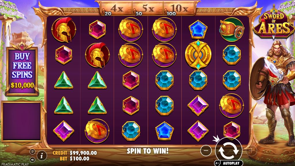 The base game grid of the Sword of Ares slot, featuring Ares and mythological symbols.