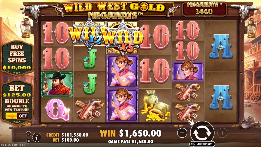 Base game screen of Wild West Gold Megaways slot showing the 6-reel layout and characters.