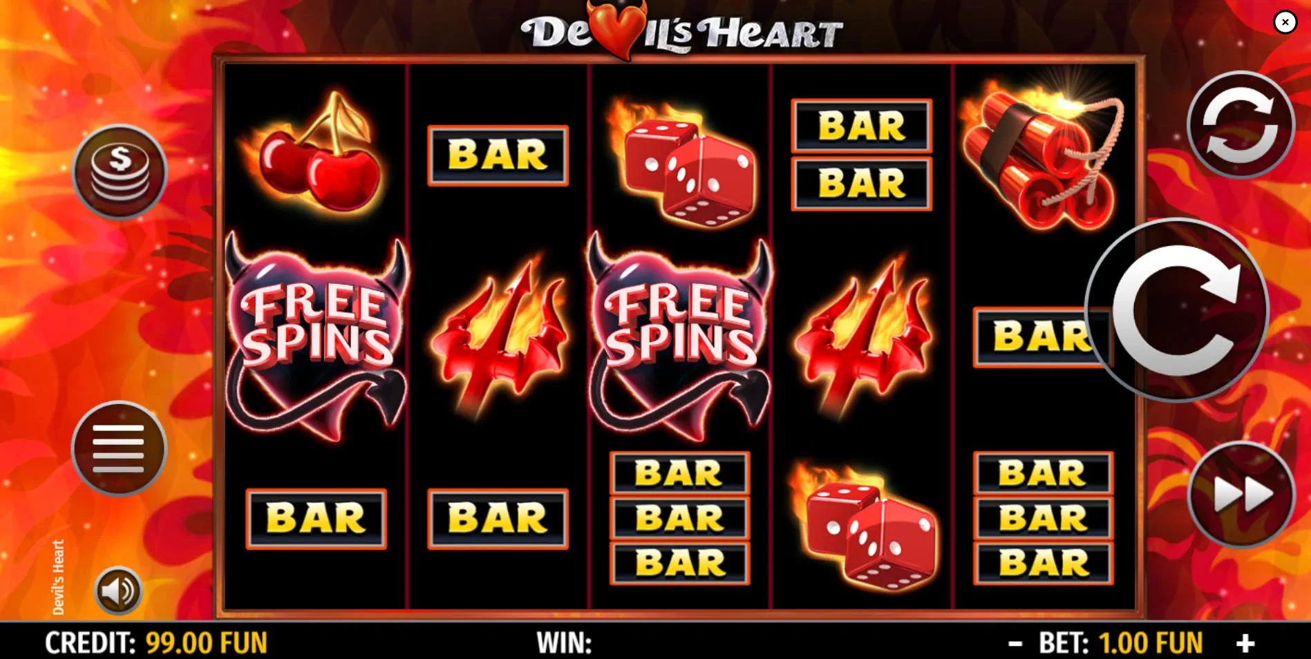 The base game screen of Devil's Heart slot, showing the 5x3 reel layout and classic symbols, illustrating the standard gameplay for players.