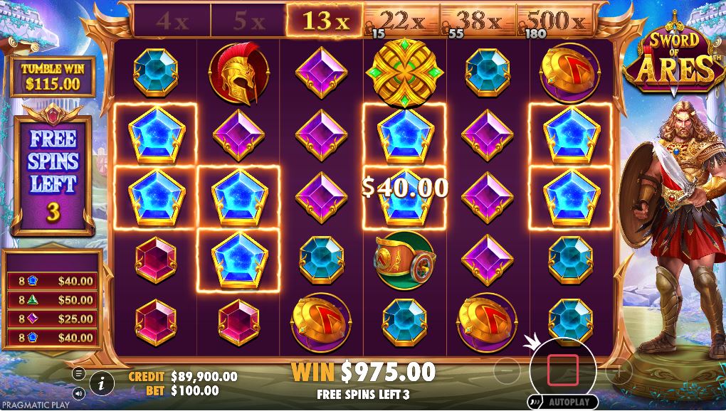 The enhanced six-tier multiplier meter during the Sword of Ares free spins feature.