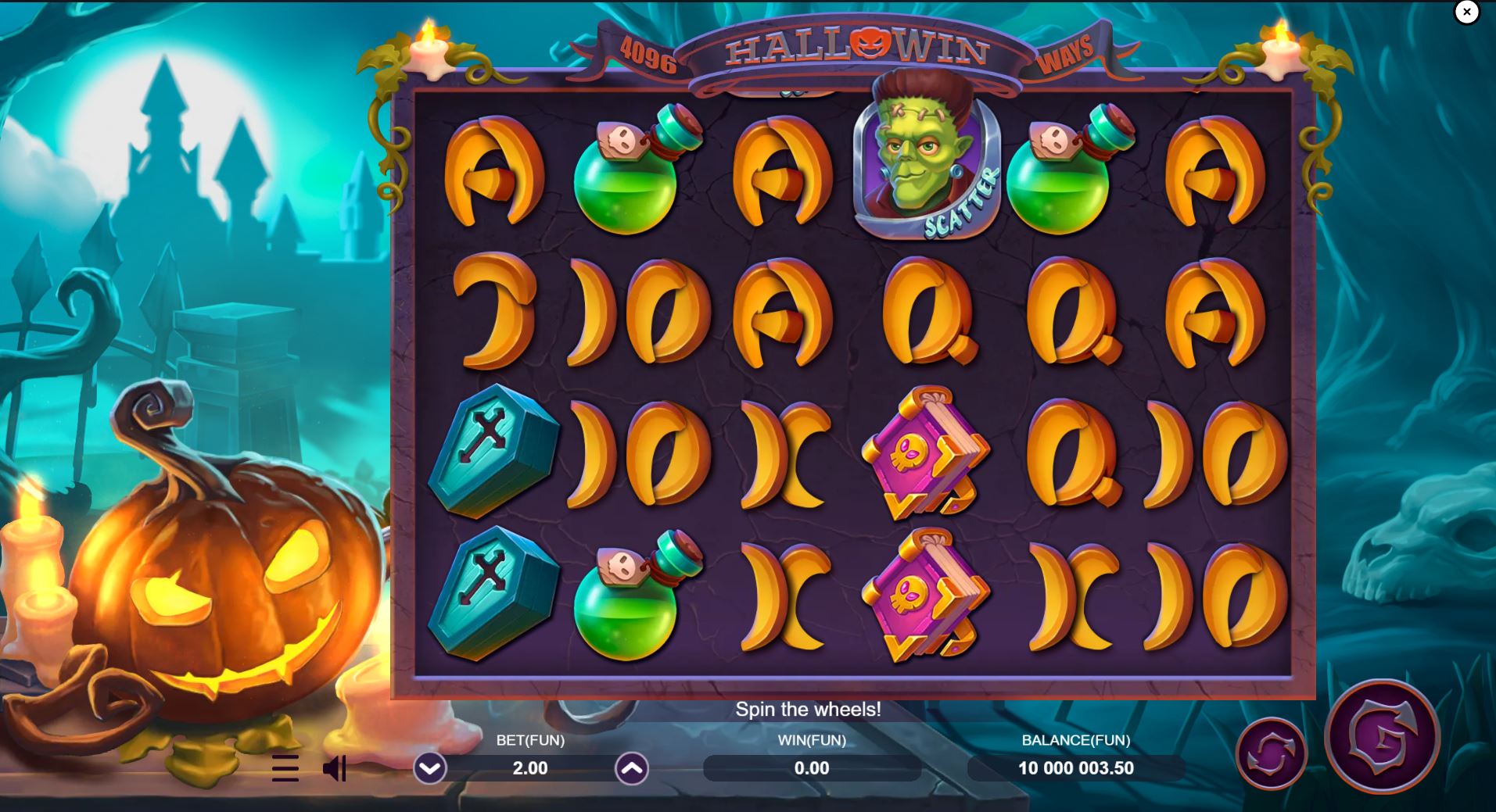 The base game grid of the HalloWin slot, showcasing the 6x4 layout and Halloween-themed symbols on a spooky background.