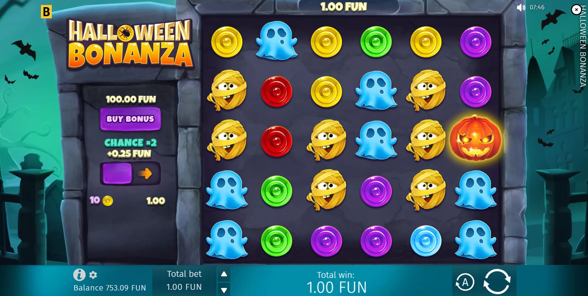The main 6x5 game grid of the Halloween Bonanza slot, showcasing the cartoonish monster symbols and Halloween theme.