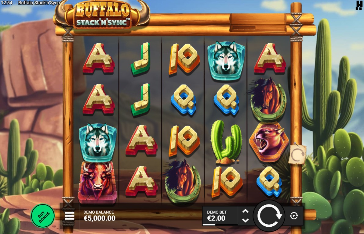 Base game screen of the Buffalo Stack'n'Sync slot showing the 5x4 grid and symbols.