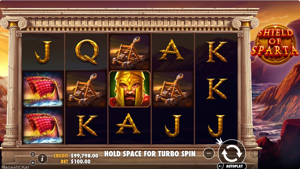 A view of the main 5x3 game grid in the Shield of Sparta slot, showing various Spartan-themed symbols.