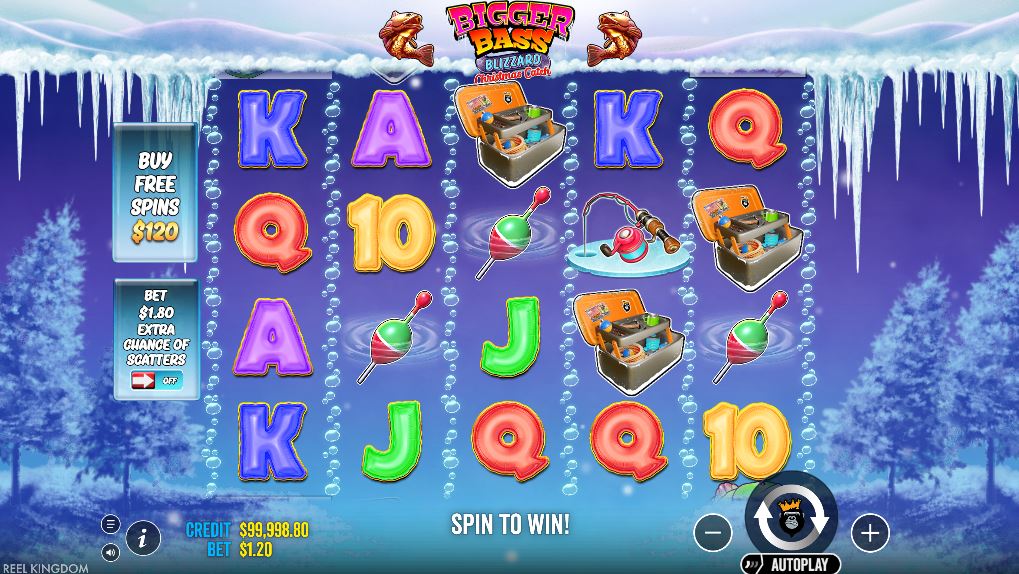 The 5x4 game grid of the Bigger Bass Blizzard - Christmas Catch slot, showing the winter fishing theme and symbols.