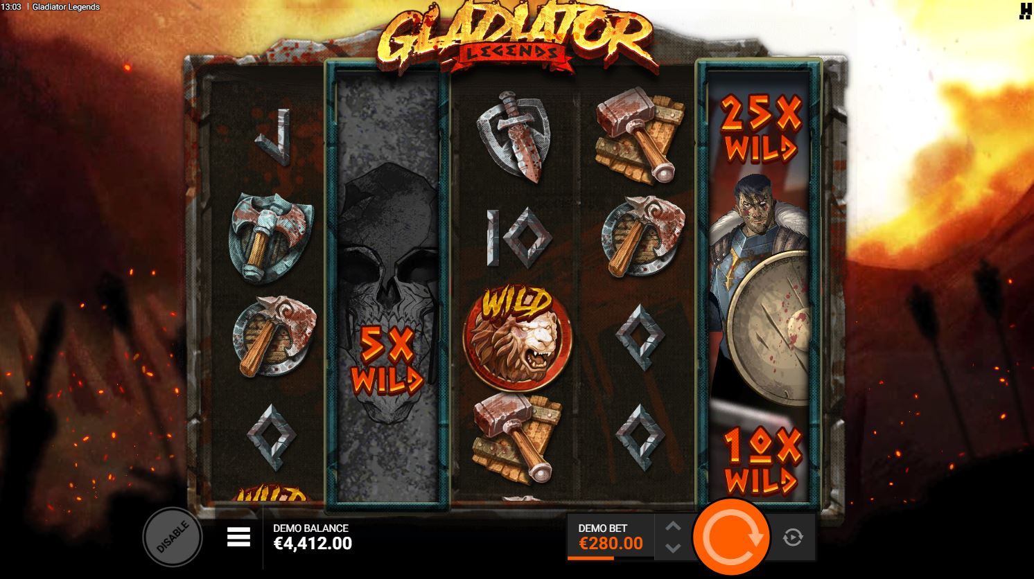 An expanded Duel Reel in Gladiator Legends game showing two gladiators fighting and a winning multiplier.
