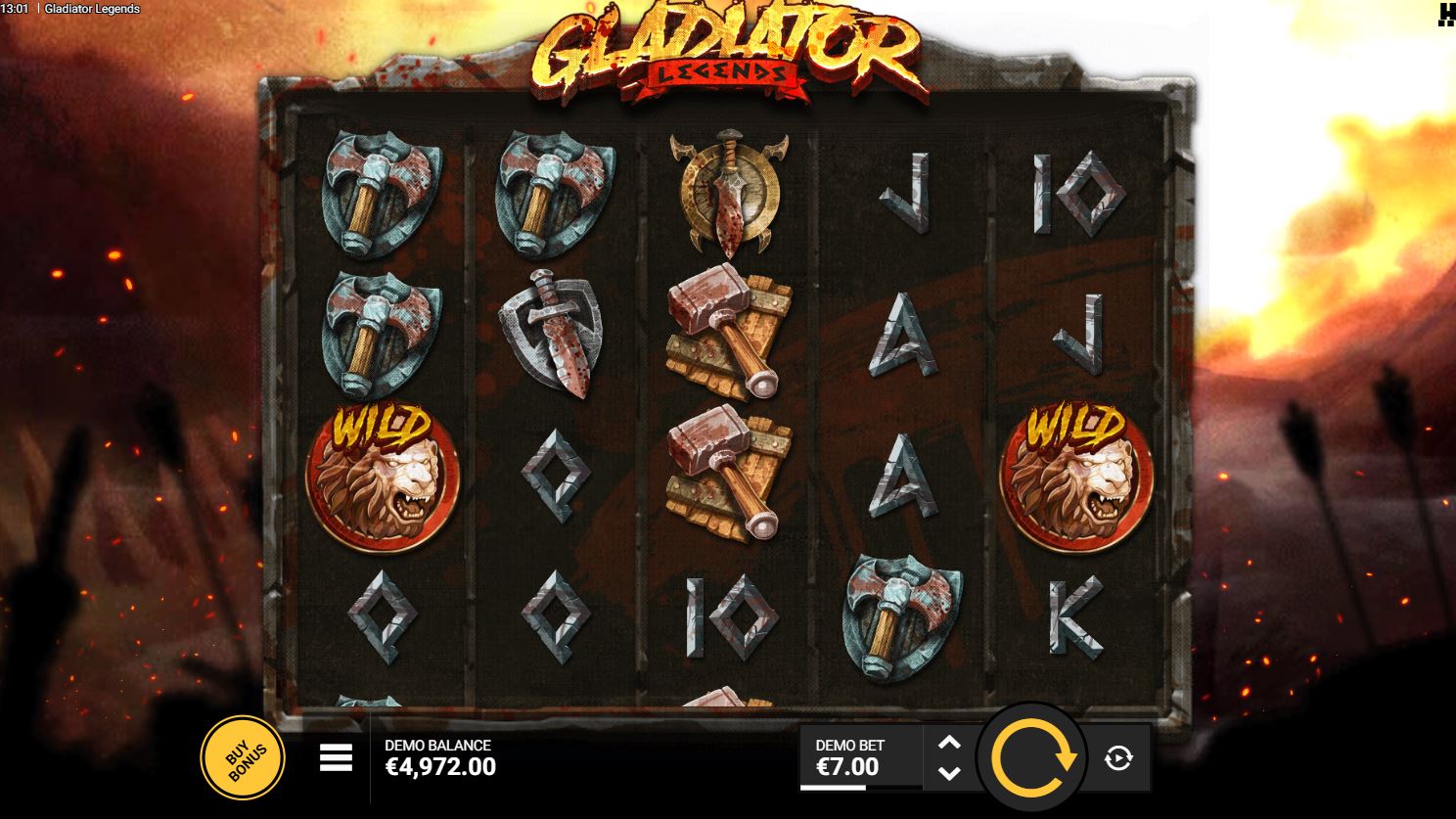 Gladiator Legends slot machine base game screen with weapon and card symbols on a 5x4 grid.