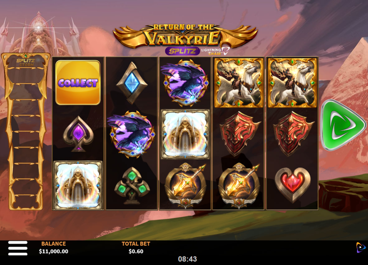 Main game board of Return of the Valkyrie slot showing the initial layout and control buttons for players to monitor active reel symbols.