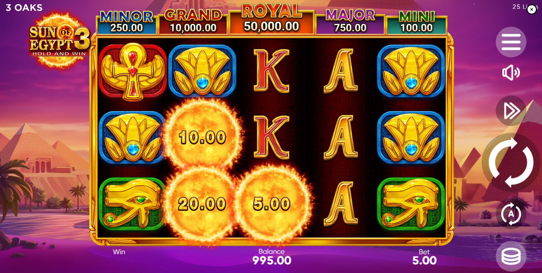 The 5x3 reel layout of the Sun of Egypt 3 online slot, showing the Egyptian-themed symbols and jackpot values above.
