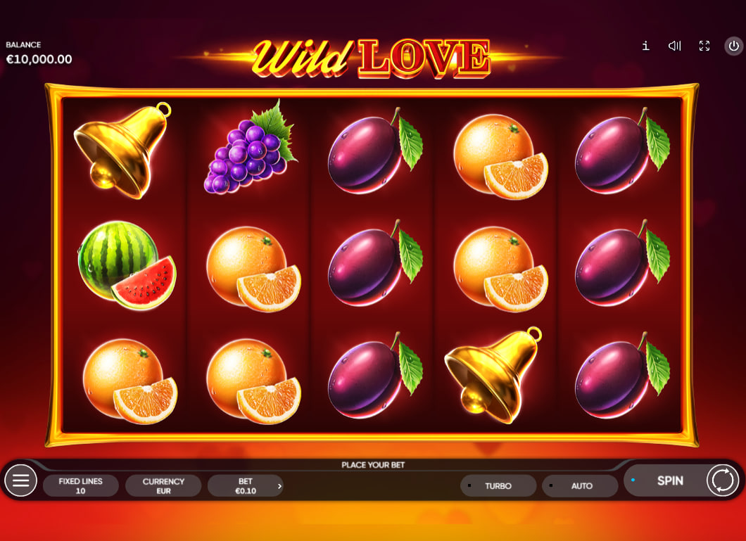 Wild Love slot base game screen showing the 5x3 grid with lemons watermelons and lucky 7s symbols for classic fruit machine players.