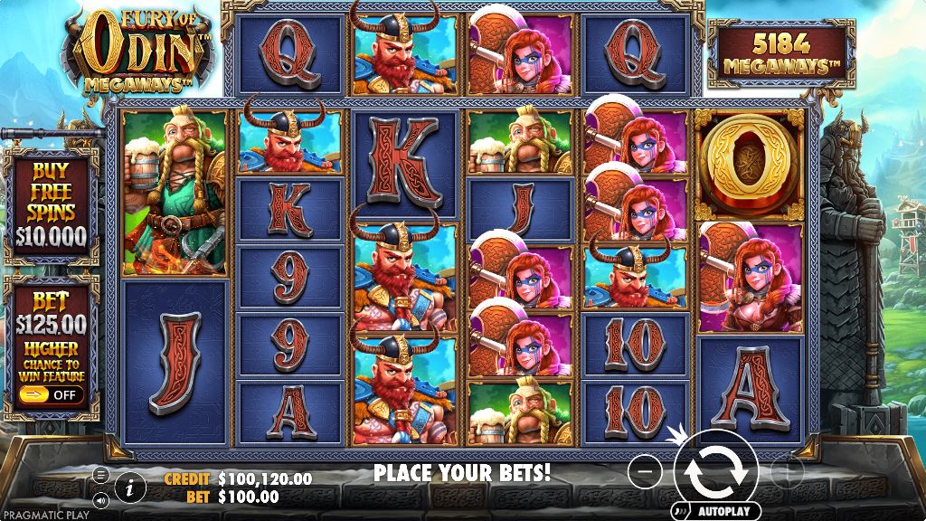 The base game grid of Fury of Odin Megaways slot, showing the Norse god symbols and the Megaways counter.