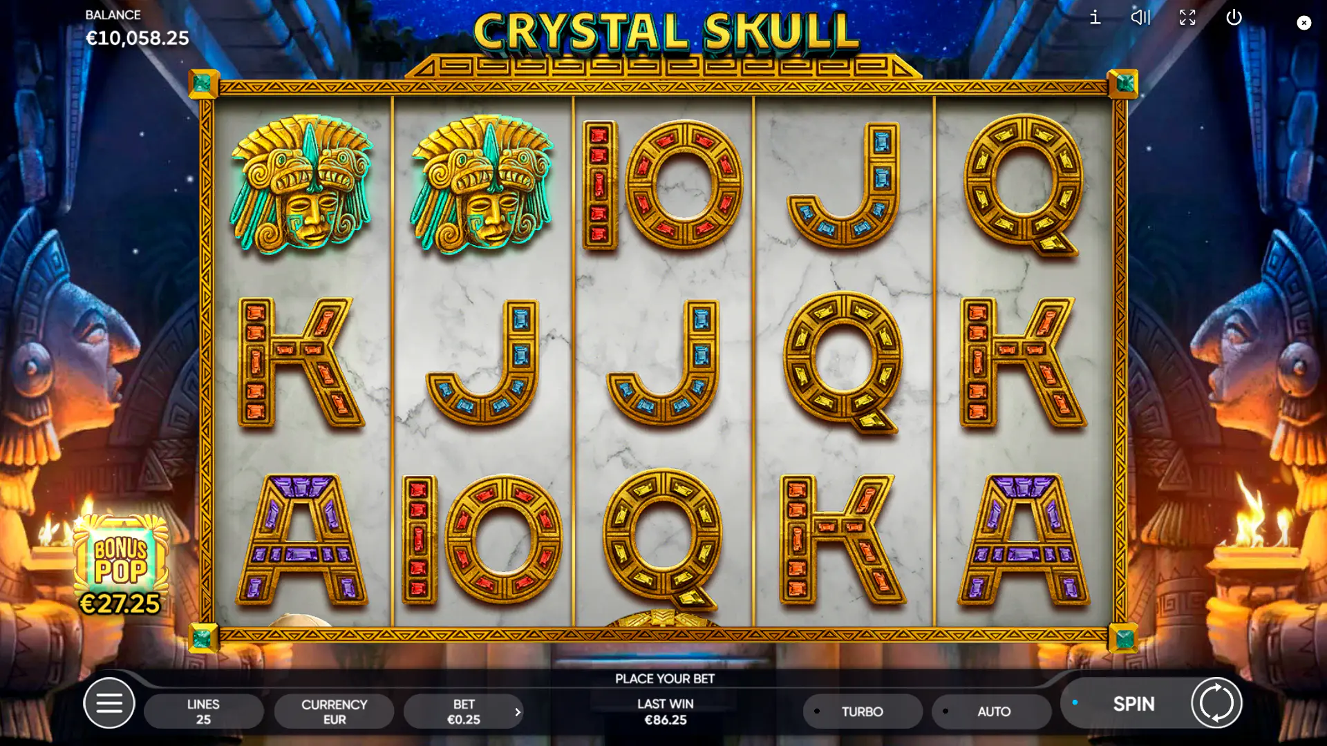 The 5x3 base game grid of Crystal Skull showing standard layout and payline markers