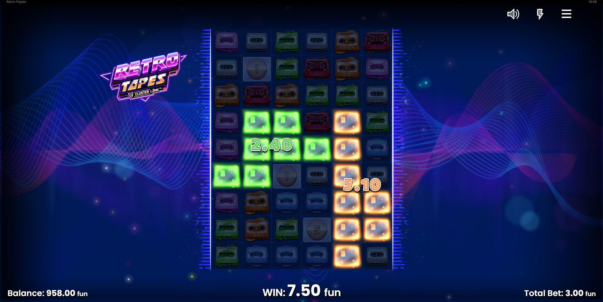 A large cluster win in the Retro Tapes base game featuring Wild Tape multipliers.