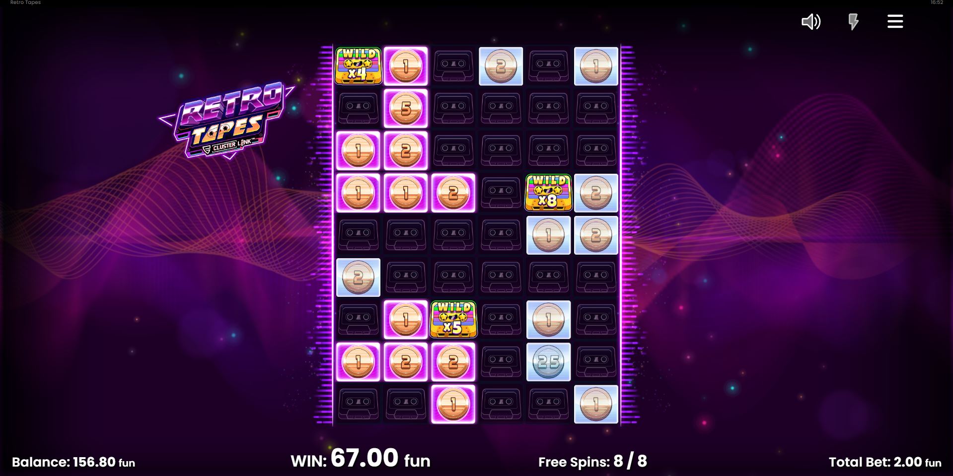 The grid nearly full of Instant Prize symbols during the Retro Tapes free spins bonus.