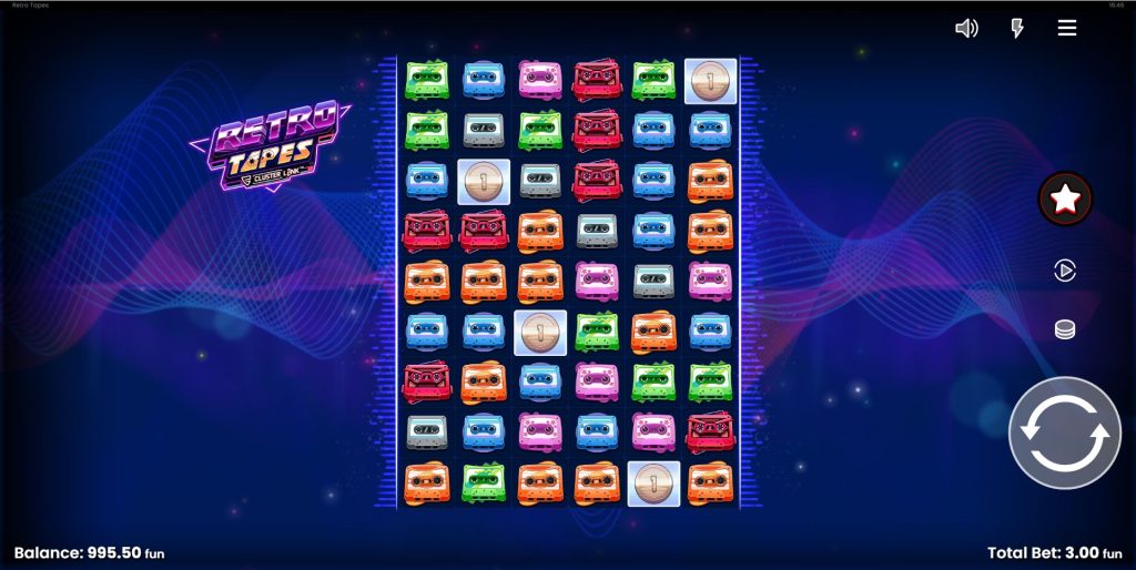 Retro Tapes slot game grid with colorful cassette symbols by Push Gaming.