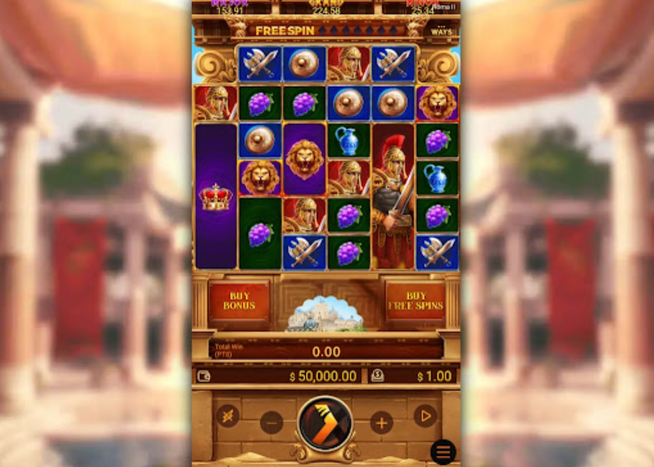 Roma II slot base game featuring a 6x4 grid with spartan helmet and sword symbols in a roman arena.