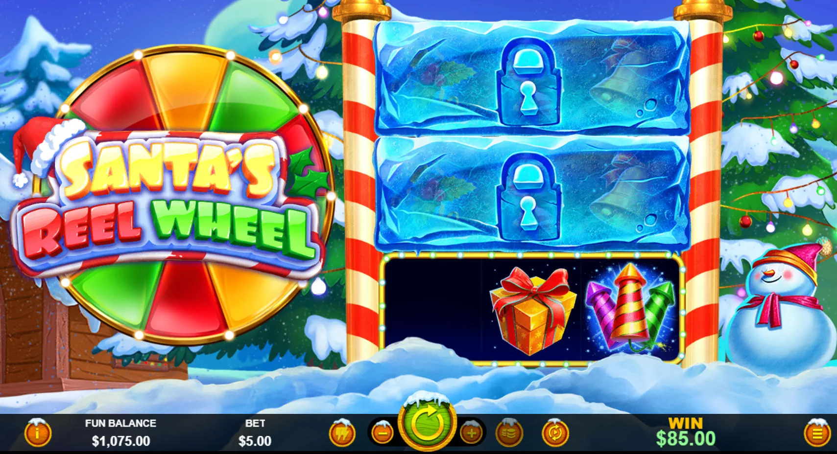 The base game screen of Santa's Reel Wheel slot, showing the unique 3-level structure with the top two reels frozen, highlighting the level-up mechanic.