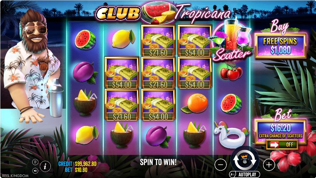 Club Tropicana slot base game view with high-value symbols