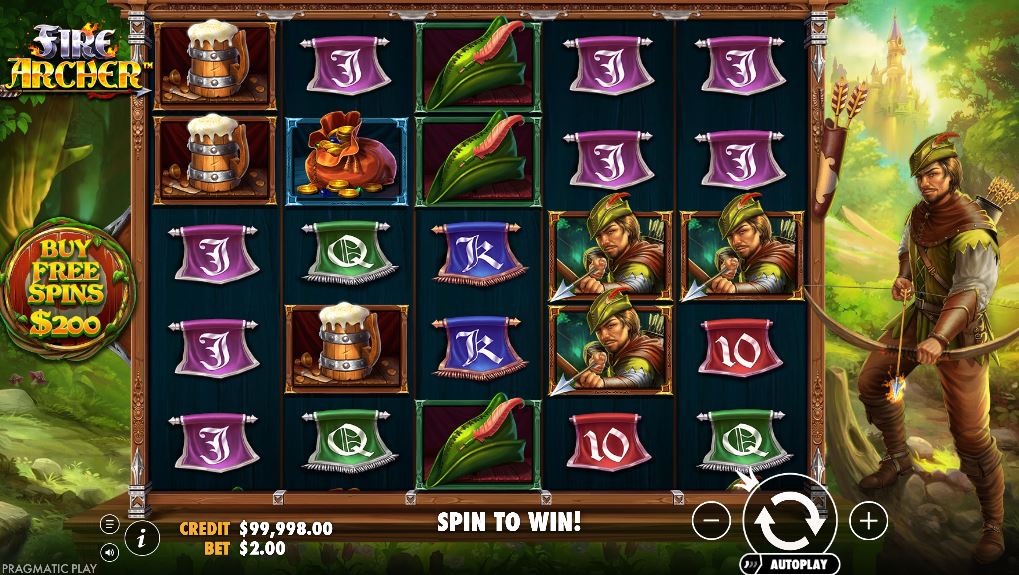 The 5x5 game grid of the Fire Archer slot with the main character on the side.
