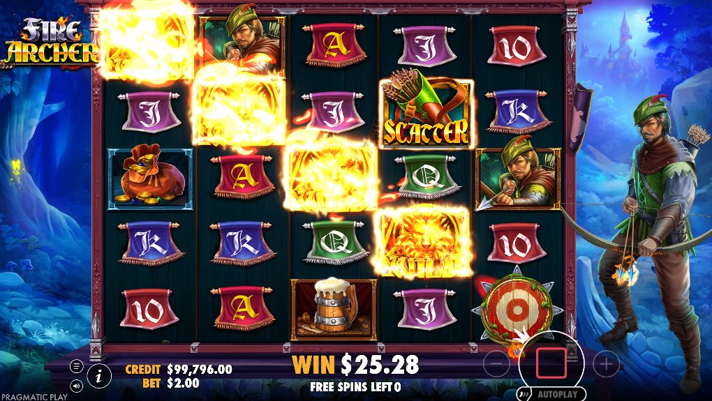 The Free Spins bonus round in Fire Archer featuring the guaranteed Roaming Super Wild.