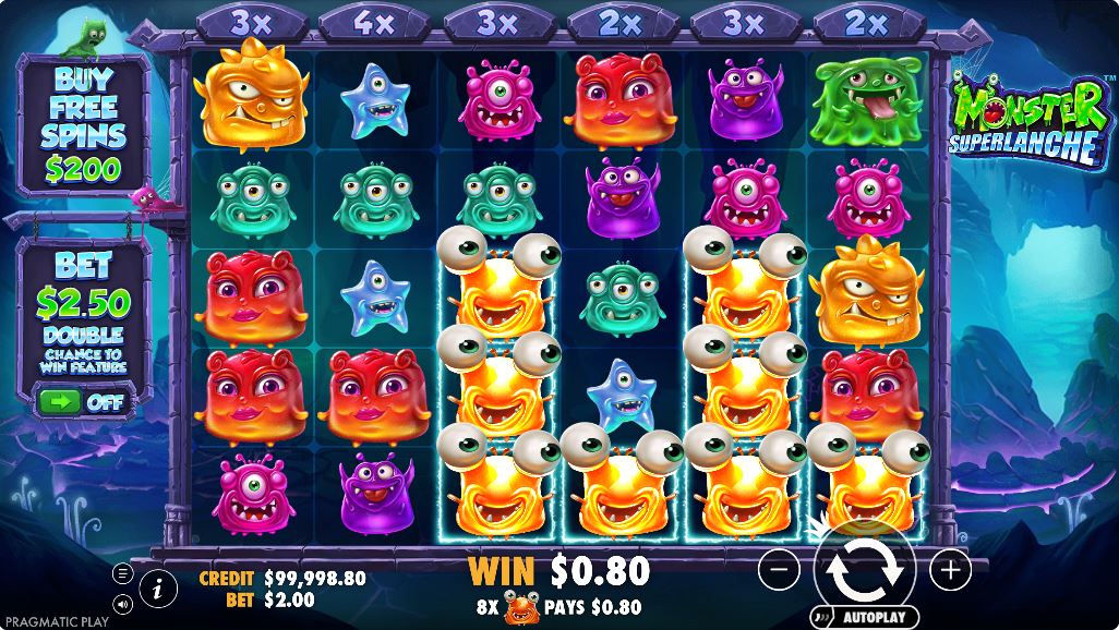 Monster Superlanche slot base game grid with cartoon monsters and reel multipliers.