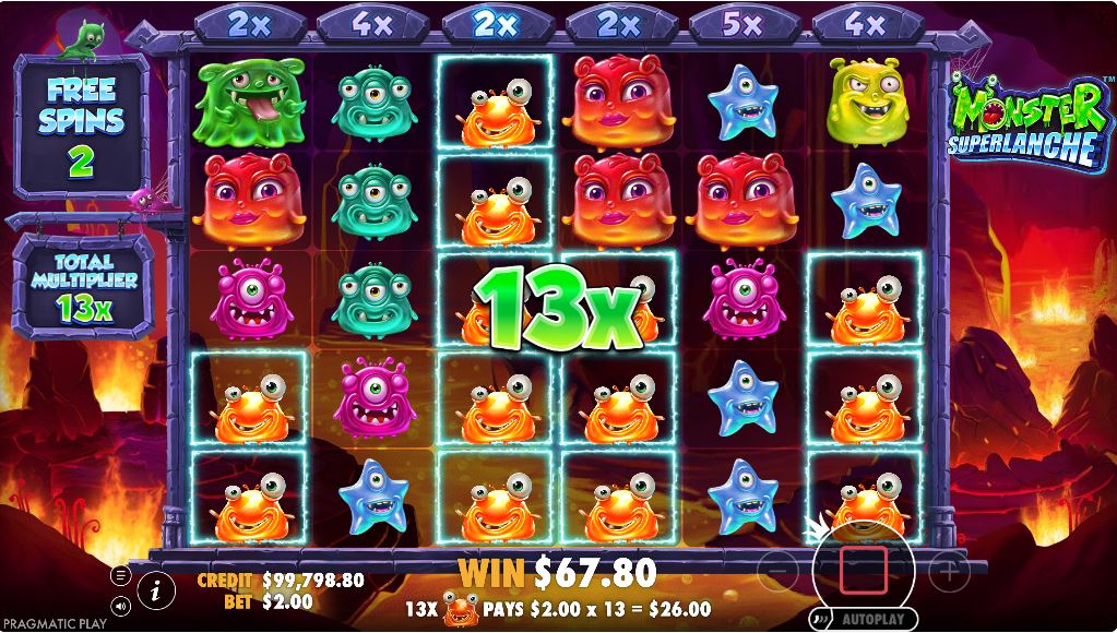 The Monster Superlanche free spins round with the total accumulating multiplier visible.