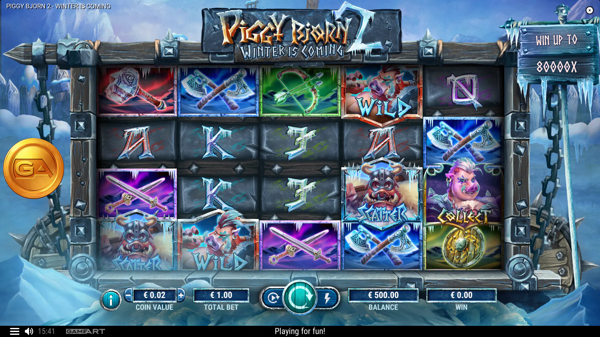 Piggy Bjorn 2 base game screen in the winter Viking setting showing the 5x4 layout and symbol readability before bonus action