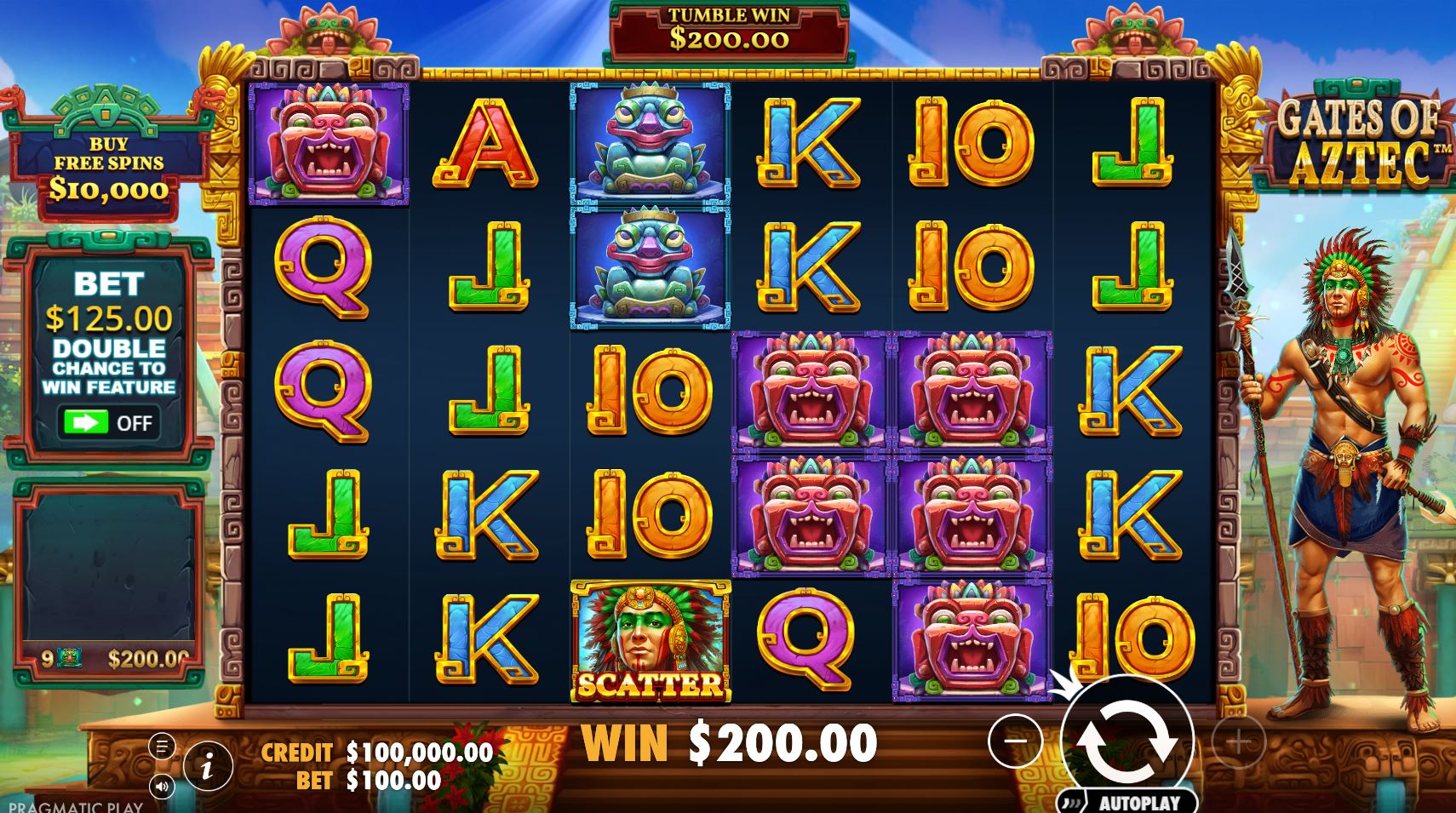 Gates of Aztec slot base game view with the Aztec warrior character