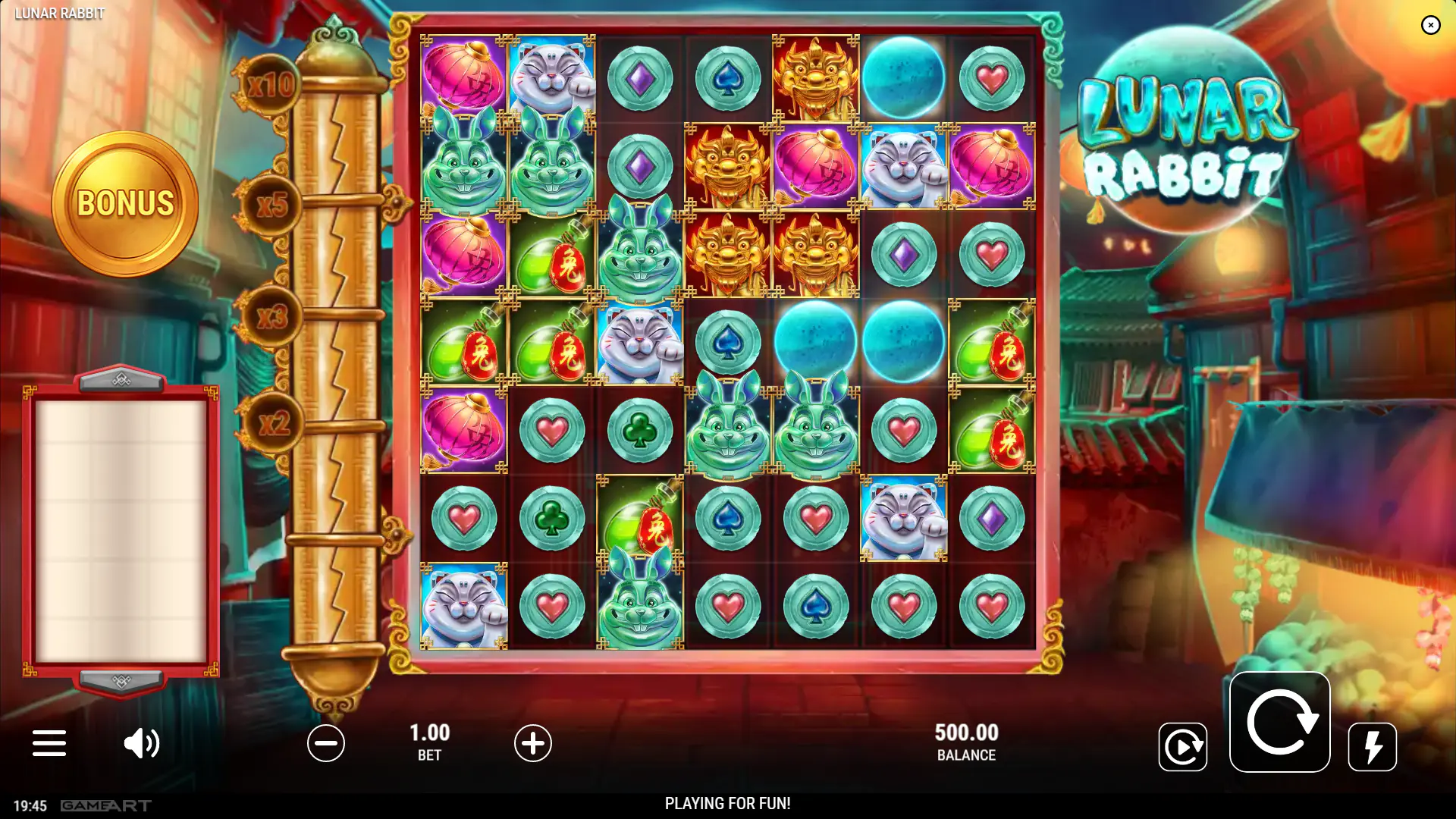 Lunar Rabbit base game screen showing the 7x7 cluster grid, left-side Feature Metre, and Chinese New Year styled interface