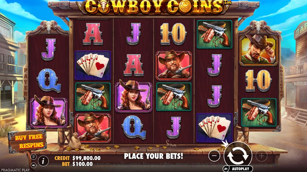 The base game grid of the Cowboy Coins slot, showing the 6x4 reel layout and Western-themed symbols.