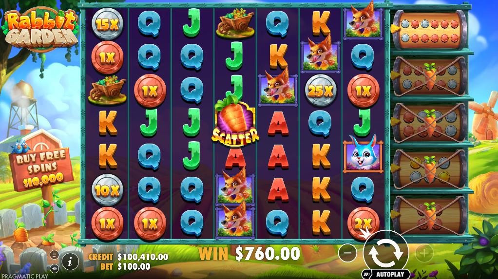 The 7x7 grid of the Rabbit Garden slot during base gameplay, showing various symbols.