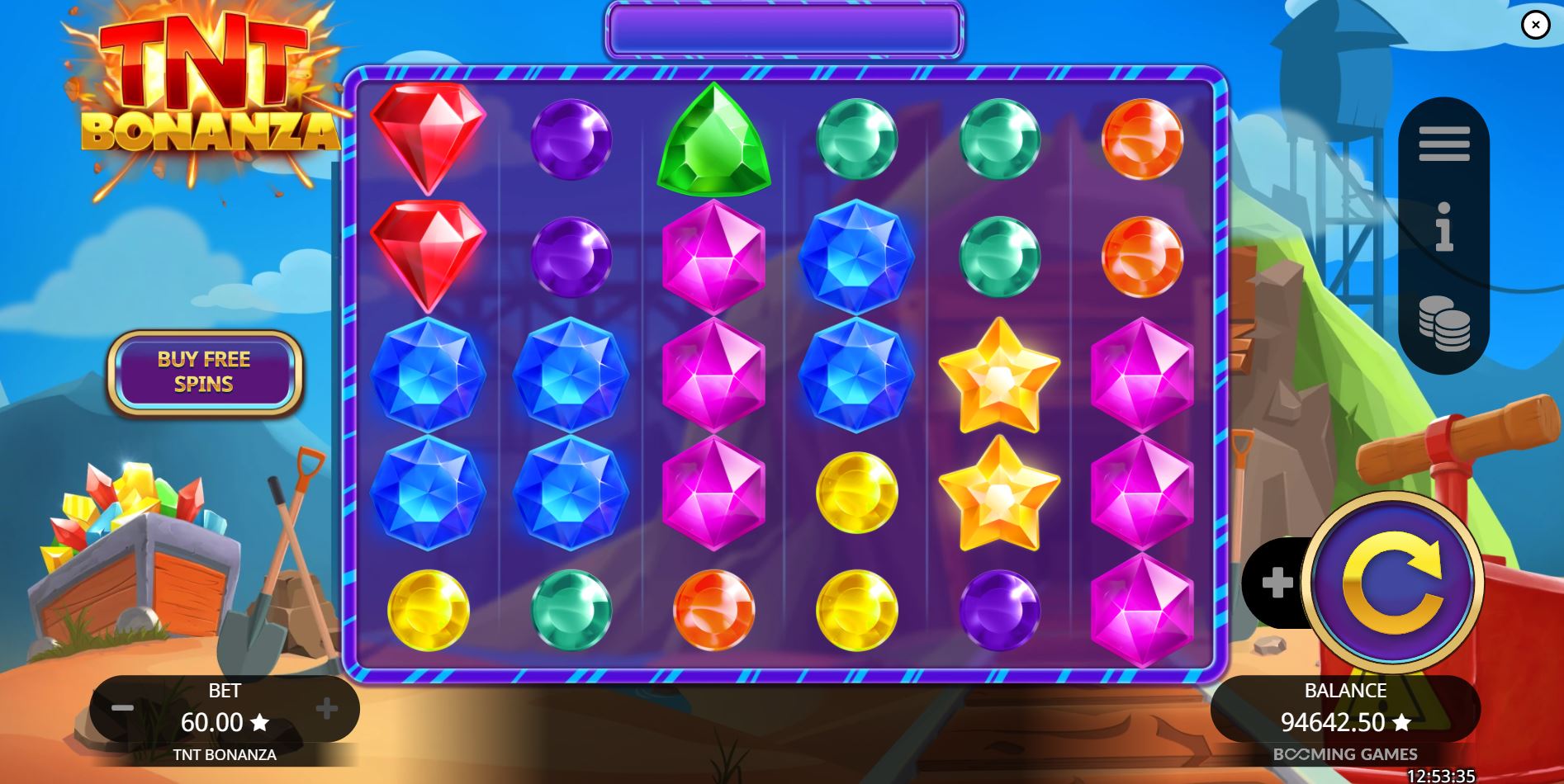 The 6x5 grid of the TNT Bonanza slot in its standard base game mode.
