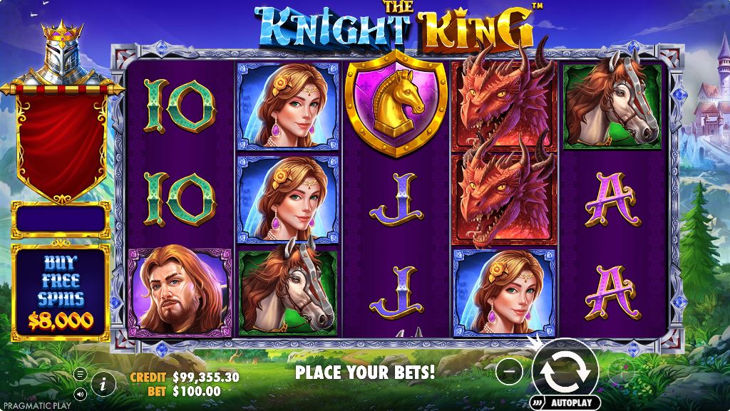 The base game screen of The Knight King slot, showing the 5x3 reel layout against a moonlit castle backdrop.