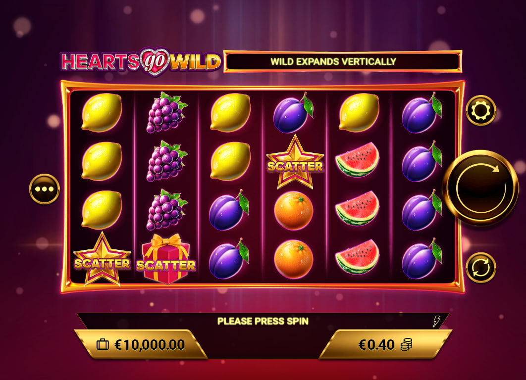 Hearts Go Wild 6x4 game grid displaying fruit symbols and lucky 7s on 40 fixed paylines for high volatility gameplay.