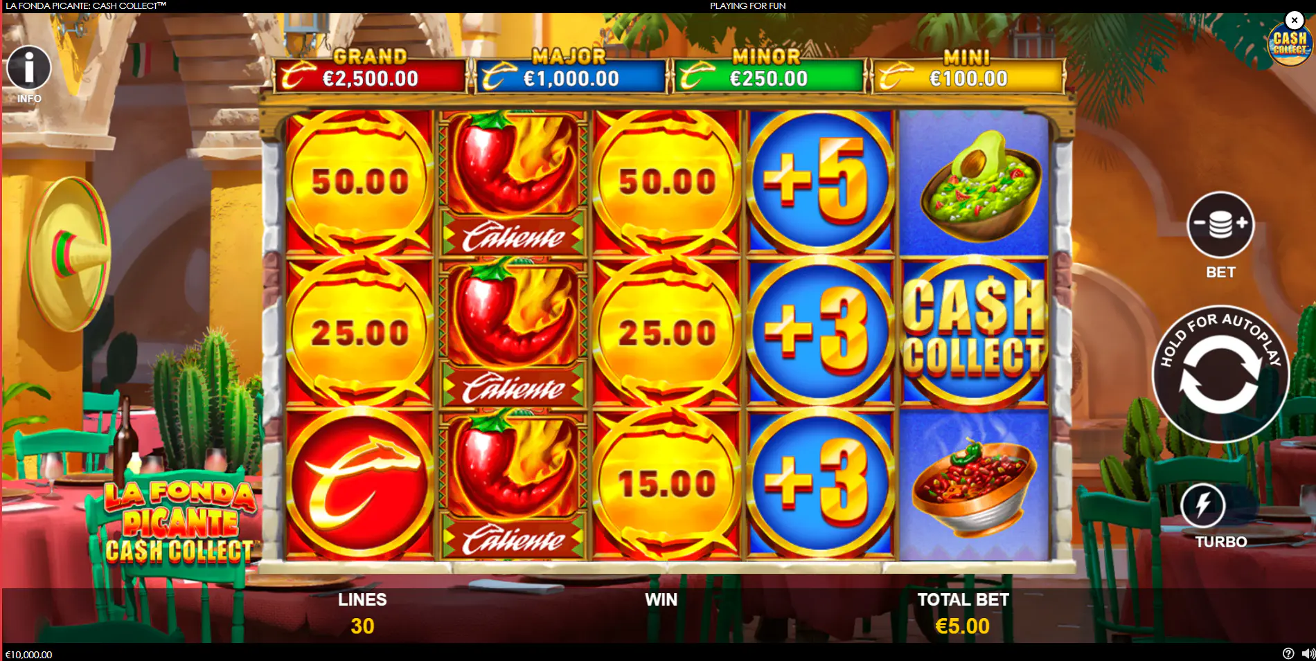 The main game grid of La Fonda Picante Cash Collect slot, showing food symbols and the four fixed jackpots displayed above the reels.