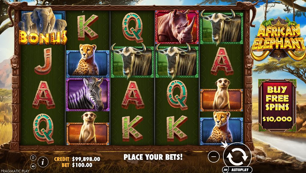 The main game grid of the African Elephant slot, showing the 5x4 layout with various animal symbols on a savannah background.