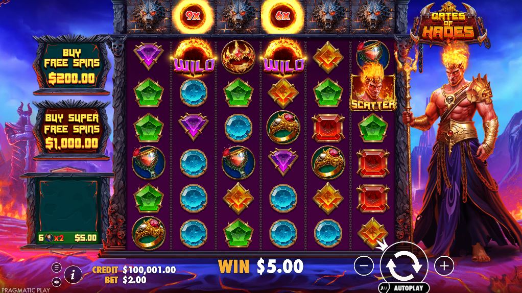 Gates of Hades slot base game view with the 6x6 grid and Hades character.