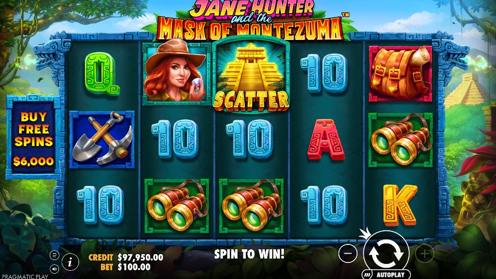 The base game screen of the Jane Hunter and the Mask of Montezuma slot, showing the 5x3 reel layout.