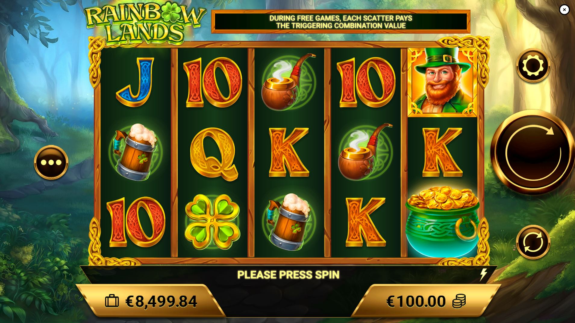 The main 5x3 game screen of the Rainbow Lands slot, showing the enchanted forest background and Irish-themed symbols on the reels.