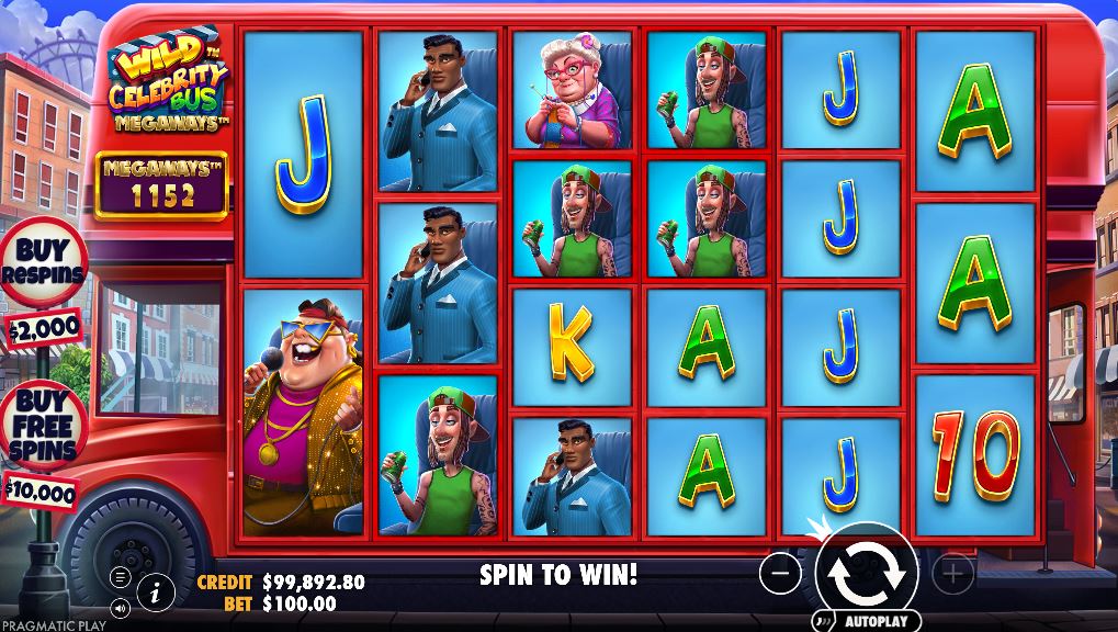 The main game screen of Wild Celebrity Bus Megaways, showing the 6-reel setup on a red bus in London.