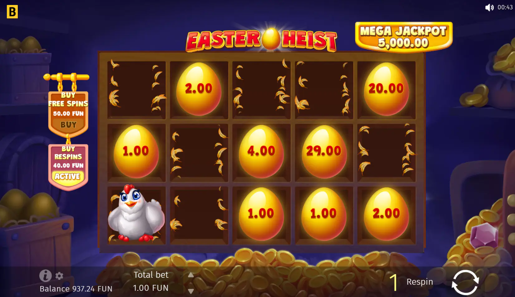 Easter Heist Gold Eggs Respin bonus with sticky egg symbols locked on the reels during live play