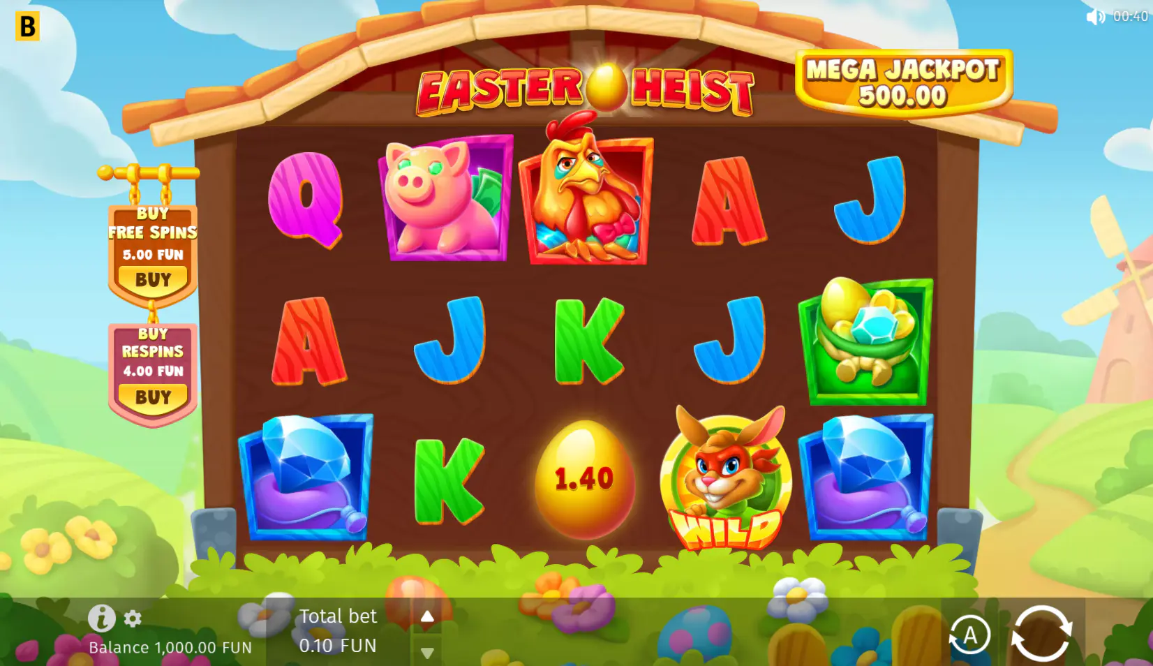 Easter Heist main game screen with 5x3 reels and full controls, showing the standard layout used during regular spins