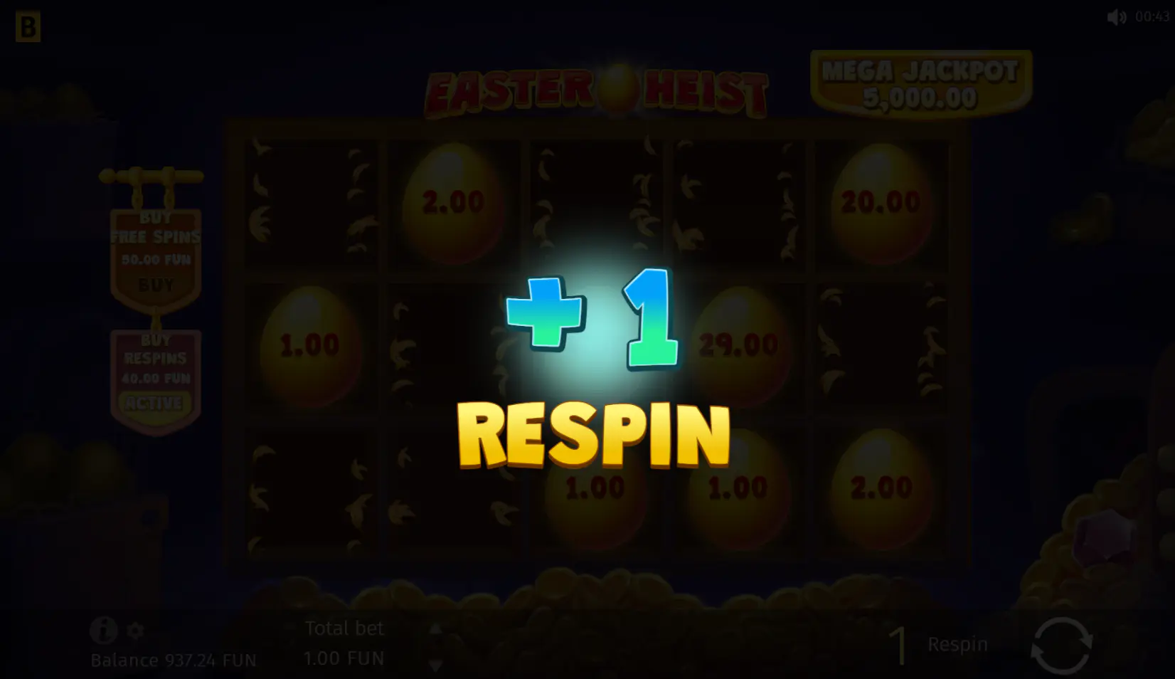 Easter Heist Gold Eggs bonus with a Plus spin symbol adding extra respins during live action