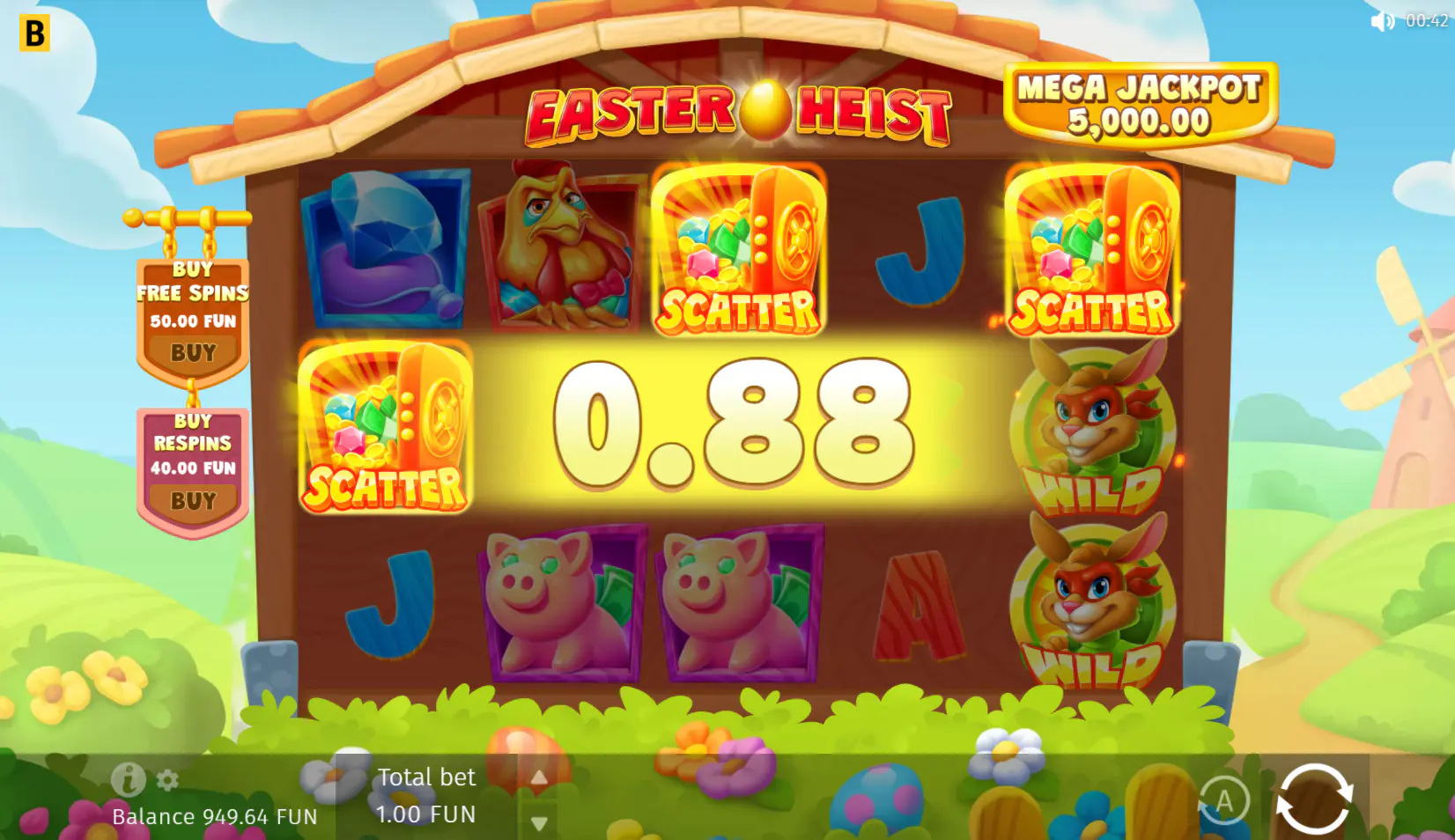 Easter Heist gameplay screen with Scatter symbols visible on the reels, showing the trigger state that matters for free spins