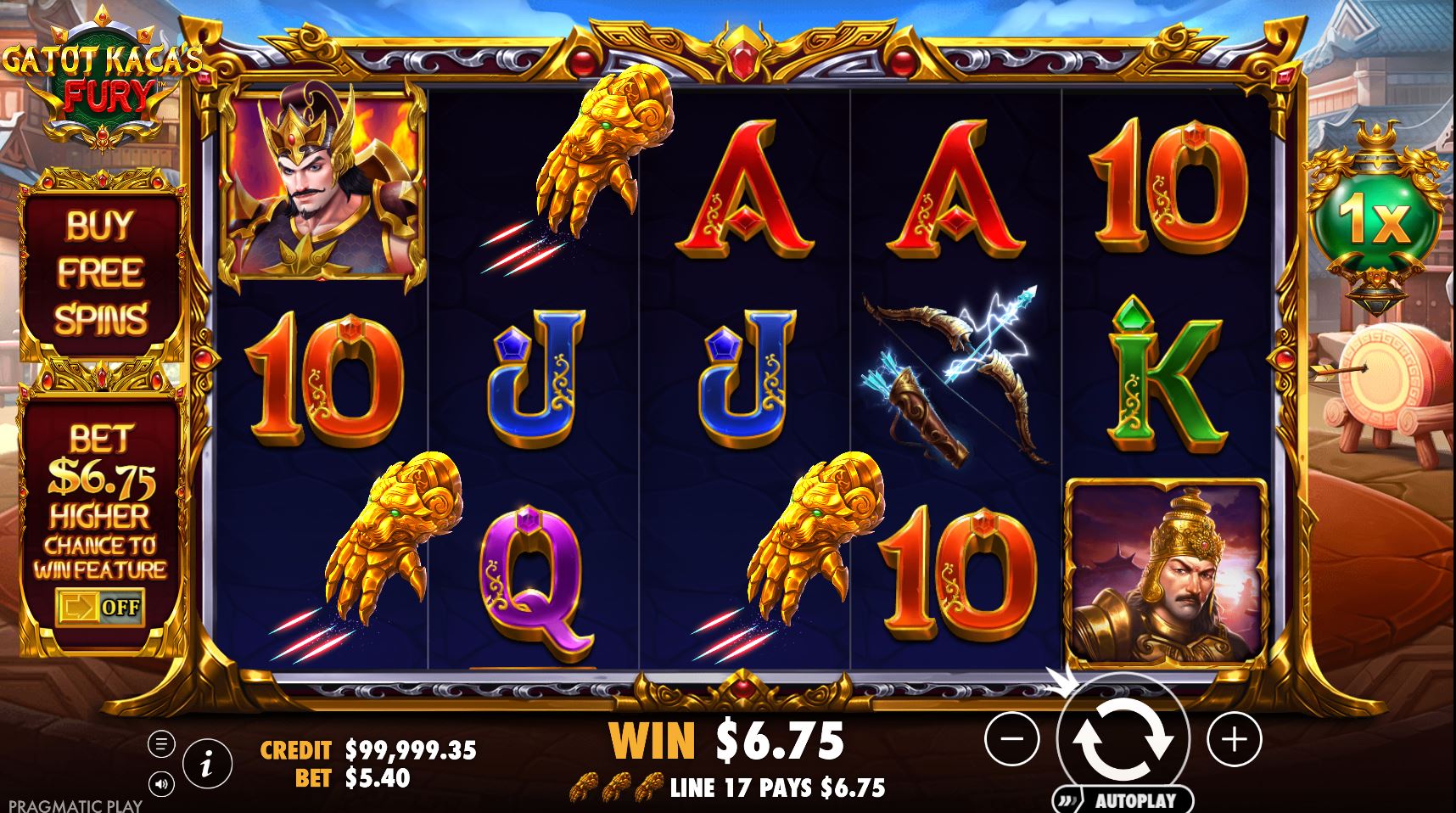 Gatot Kaca's Fury slot base game screen with high and low paying symbols.