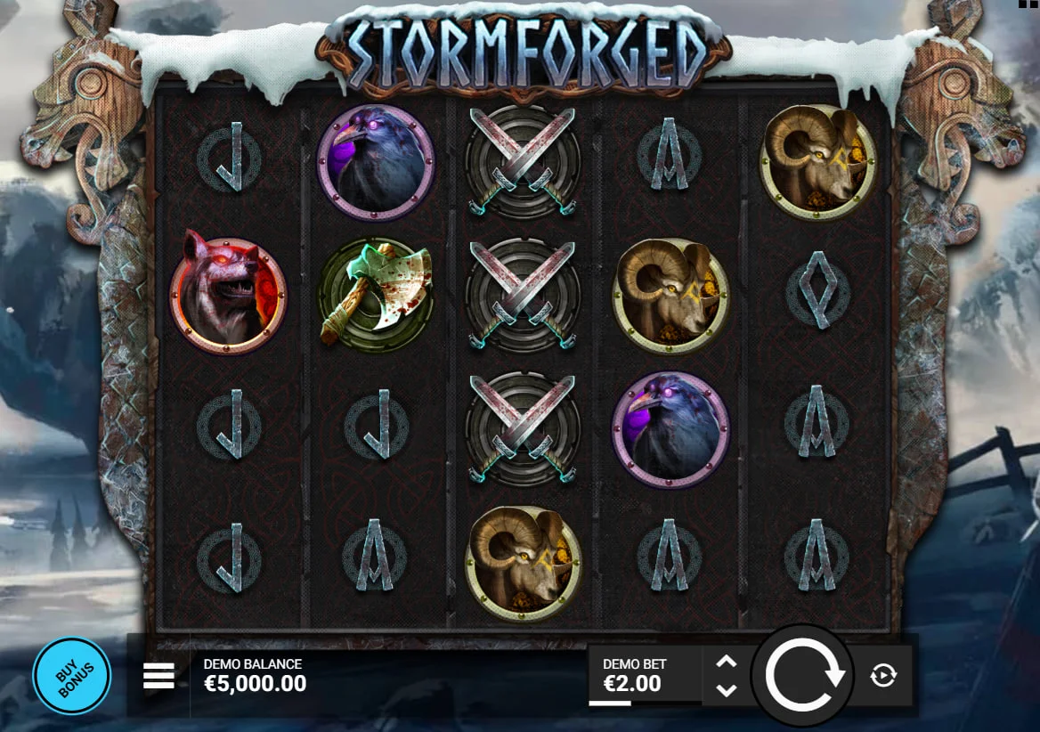Stormforged main 5x4 slot grid on a snowy background showing high-paying weapon symbols and scatters.